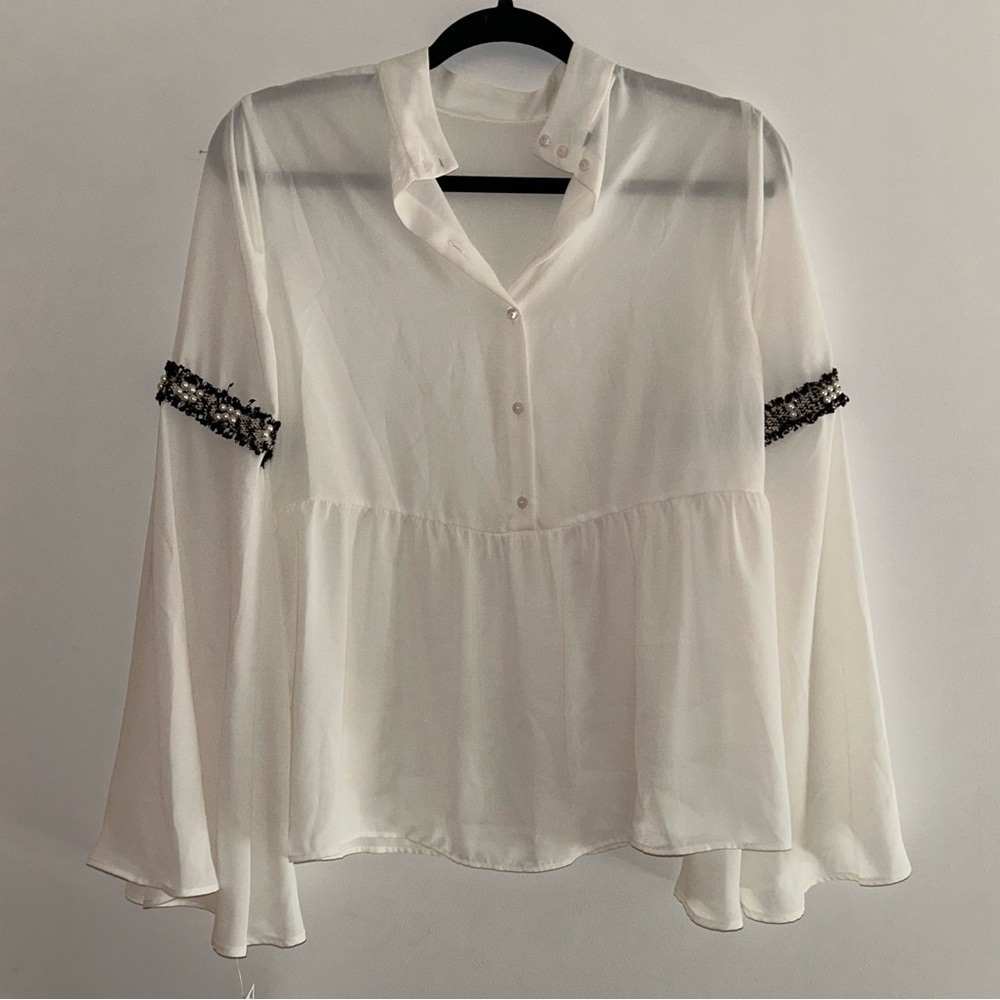 Zara Pearl Fringe Embellished Bell Sleeve Blouse Size Small NEW